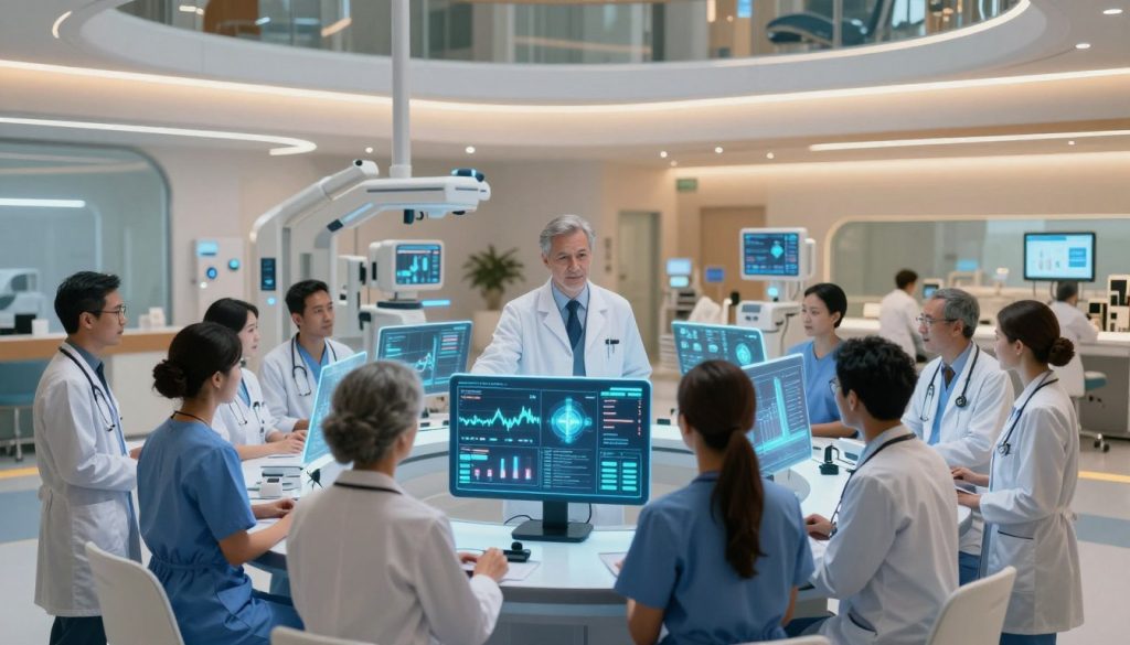 A futuristic healthcare environment showcasing predictive analytics. In the foreground, a diverse group of healthcare professionals in professional attire, examining holographic data displays showing patient health metrics and predictive models. The middle layer features high-tech medical devices and digital screens, highlighting data graphs and analytics. In the background, a modern hospital setting with sleek architecture illuminates with soft, warm lighting, creating a welcoming atmosphere. The mood is optimistic and innovative, symbolizing proactive wellness strategies in action. Use a wide-angle lens effect to capture the entire scene, emphasizing collaboration and technological advancement in healthcare.