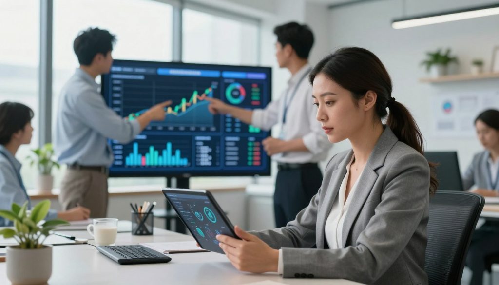 A modern workspace featuring a diverse group of professionals engaged in preventative health monitoring. In the foreground, a confident woman in professional business attire examines a digital tablet displaying health metrics, her expression focused. Beside her, a male colleague, also dressed professionally, points to a large screen in the middle of the image showing graphs and data trends related to health monitoring. In the background, soft natural light floods through large windows, illuminating a sleek office environment that includes plants and health-oriented decor. The atmosphere is collaborative and innovative, reflecting the essence of data-driven preventative health systems. The composition is balanced, utilizing a shallow depth of field to emphasize the subjects while maintaining a clear view of health data displays.
